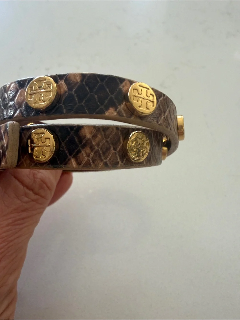 Tory Burch Brown Snakeskin Double Wrap Bracelet with Gold Logo Studs